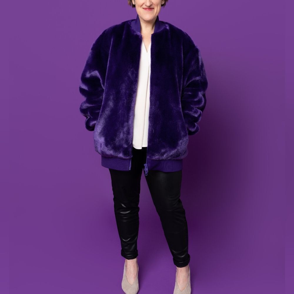 Tibi Luxe Faux Fur Mid Length Sporty Bomber Jacket in Purple - Picture 2 of 13